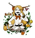  a2_(a2-king-show) bow bowtie chain character_name cuffs fangs hair_bow hand_on_hip horns ibuki_suika long_hair low_ponytail open_mouth pointy_ears shackles sleeveless solo teeth torn_clothes touhou 