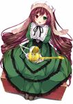  :d blush brown_hair dress frills green_dress green_eyes heterochromia highres long_hair long_sleeves nironiro open_mouth red_eyes rozen_maiden sitting smile solo suiseiseki suitcase very_long_hair watering_can 