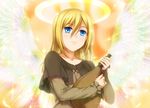  blonde_hair blue_eyes blush christa_renz halo highres mutsuki_(moonknives) pouch shingeki_no_kyojin short_hair smile solo wings 