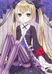  7th_dragon_(series) 7th_dragon_2020 blonde_hair chelsea_(7th_dragon) flower frills gothic_lolita green_eyes hacker_(7th_dragon) lolita_fashion long_hair md5_mismatch panties panties_under_pantyhose pantyhose purple_legwear sitting solo striped striped_legwear tsukino_neru twintails underwear vertical-striped_legwear vertical_stripes 