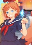  blue_eyes clenched_hand grin hair_ornament hairclip leaf lips orange_hair original school_uniform serafuku short_hair smile solo tail tomo_(damejin) wrist_flexed 