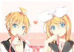  1boy 1girl ahoge blonde_hair blue_eyes bow commentary hair_bow hair_ornament hairclip happy_birthday headphones heart kagamine_len kagamine_rin medium_hair mouth_hold open_mouth polka_dot polka_dot_background red_bow red_ribbon ribbon sazanami_(ripple1996) school_uniform serafuku short_hair treble_clef vocaloid wide-eyed 