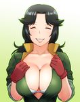  black_hair bra breast_squeeze breasts cleavage closed_eyes gloves large_breasts majestic_prince open_clothes open_shirt saionji_reika_(majestic_prince) shirt sleeves_rolled_up smile solo ueyama_michirou underboob underwear 