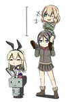  3girls :d ;d =_= absurdres blonde_hair blue_eyes brown_hair carrying crossover fang girls_und_panzer highres kantai_collection katyusha lo_xueming long_hair military military_uniform multiple_girls nonna one_eye_closed open_mouth pravda_military_uniform rensouhou-chan shimakaze_(kantai_collection) short_hair short_jumpsuit skirt smile uniform 