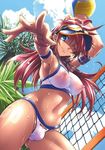  armpits ball bikini blue_eyes breasts bulge covered_nipples futanari jpeg_artifacts large_breasts long_hair nipples one_eye_closed original rakko_(r2) red_hair see-through solo swimsuit third-party_edit visor_cap volleyball wet 