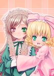  blonde_hair blush bow brown_hair dress drill_hair frills green_eyes hair_bow heterochromia hina_ichigo hug long_hair long_sleeves multiple_girls open_mouth pink_bow pokomi red_eyes rozen_maiden smile suiseiseki wide_sleeves 