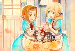  :d akiyama_mio apron birthday birthday_cake black_hair blonde_hair blue_dress brown_eyes brown_hair cake cup dress eyebrows food fruit fukutarou_(enji127) hair_ribbon happy_birthday hirasawa_yui k-on! kotobuki_tsumugi long_hair maid_apron minigirl multiple_girls nakano_azusa neck_ribbon open_mouth orange pastry_bag ribbon short_hair side_ponytail skirt smile tainaka_ritsu tea teacup teapot twintails 