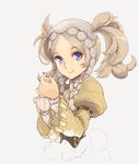  1girl blonde_hair blue_eyes bust cup eating fire_emblem fire_emblem:_kakusei headpiece liz_(fire_emblem) looking_at_viewer nabrinko short_twintails simple_background smile solo teacup twintails upper_body white_background 