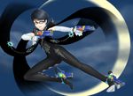  1girl 342_(artist) bayonetta bayonetta_(character) bayonetta_2 glasses gun high_heels lipstick makeup moon short_hair solo weapon 