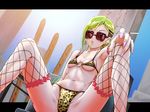  armpits bikini blonde_hair breasts brown_hair collarbone fishnet_legwear fishnets fujimoto_rina glasses groin idolmaster idolmaster_cinderella_girls long_hair looking_at_viewer micro_bikini multicolored_hair murakumo1987 navel one_eye_closed purple_eyes small_breasts solo spread_legs swimsuit thighhighs tombstone two-tone_hair underboob very_long_hair 