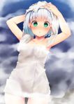  1girl armpits arms_up bangs bare_arms bare_shoulders blush collarbone commentary_request cowboy_shot eyebrows_visible_through_hair green_eyes highres konpaku_youmu looking_at_viewer naked_towel nigo_(aozoragarou) parted_lips rock short_hair silver_hair solo standing steam thighs touhou towel towel_on_head 