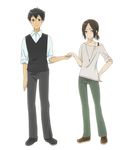  1boy 1girl bertholt_fubar bertolt_hoover black_hair blush brown_eyes brown_hair dress_shirt freckles frown green_eyes hair_ornament hairclip hand_holding hand_on_hip jewelry necklace off_shoulder pants shingeki_no_kyojin shirt shoes short_hair sleeves_rolled_up smile vest ymir_(shingeki_no_kyojin) 