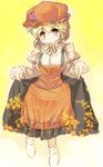  aki_minoriko blonde_hair breasts curtsey danbo_(rock_clime) dress food fruit grapes hat highres medium_breasts red_eyes short_hair sketch smile solo touhou yellow_background 