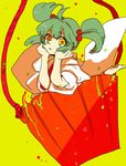  bad_id bad_pixiv_id bucket green_hair hair_bobbles hair_ornament kisume looking_at_viewer robe shimana_(cs-ts-az) solo touhou twintails wooden_bucket yellow_background yellow_eyes 