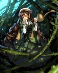  brown_hair dress frills green_dress green_eyes heterochromia hikariz light_smile lips long_hair long_sleeves plant red_eyes rozen_maiden smile solo suiseiseki very_long_hair vines watering_can 