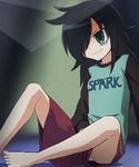  bags_under_eyes barefoot black_hair clothes_writing english green_eyes gym_shorts hair_over_one_eye hand_under_clothes haruyama_kazunori implied_masturbation kuroki_tomoko long_hair panties shorts smile solo underwear upshorts watashi_ga_motenai_no_wa_dou_kangaetemo_omaera_ga_warui! white_panties 