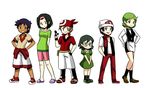  3girls absurdres apron arms_behind_back bandana beanie bike_shorts black_hair blue_eyes blue_hair bow bowtie brother_and_sister brown_eyes brown_hair commentary dark_skin dent_(pokemon) dress genderswap glasses gloves green_eyes green_hair hairband hand_in_pocket hands_in_pockets hands_on_hips haruka_(pokemon) hat highres hikari_(pokemon) iris_(pokemon) kenji_(pokemon) maimai97 masato_(pokemon) multiple_boys multiple_girls open_mouth pokemon pokemon_(anime) pokemon_(classic_anime) pokemon_ag pokemon_bw_(anime) pokemon_dp_(anime) popped_collar purple_hair sandals scarf short_hair shorts siblings simple_background smile standing waitress white_background 