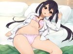  bed black_hair bra brown_eyes k-on! karada_asobi long_hair nakano_azusa no_pants open_clothes open_mouth open_shirt panties school_uniform shirt solo twintails underwear 