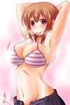  armpits arms_up blush bra bra_in_mouth breasts brown_hair cleavage green_eyes highres large_breasts looking_at_viewer midriff mouth_hold navel nishi_koutarou no_shirt open_fly original pants pose ribbon ribbon_in_mouth smile solo striped striped_bra underwear unzipped 