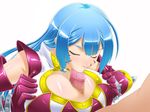  1girl :&gt;= blue_hair breast_squeeze breasts censored elbow_gloves eyes_closed fellatio gloves huge_breasts long_hair oral paizuri penis r44 saliva shiny shiny_skin 