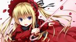  blonde_hair blue_eyes bonnet cane dress drill_hair flower haryuu_(poetto) highres long_hair long_sleeves open_mouth petals ribbon rose rozen_maiden shinku solo twintails white_background 