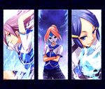  blue_eyes blue_hair diamond_dust_(inazuma_eleven) frame hair_ornament hairclip inazuma_eleven inazuma_eleven_(series) kori_(etinop) kurakake_clara kurione_yuki long_hair mask multiple_girls orange_hair purple_eyes purple_hair shorts smile soccer_uniform sportswear touchi_ai 