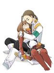  1girl bodysuit brown_hair closed_eyes couple glasses hetero holding hug kinon neko_yuuko ponytail rossiu sitting tengen_toppa_gurren_lagann thighhighs 