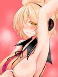  areola_slip areolae arm_up armpits blonde_hair blush breasts colored_eyelashes earmuffs eyelashes han_(jackpot) huge_breasts looking_at_viewer pink_background short_hair sideboob sleeveless solo sweat touhou toyosatomimi_no_miko upper_body yellow_eyes 