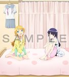  :&lt; :d barefoot bed blue_eyes blush curtains dress fang feet frills gokou_ruri hair_ornament hairclip hand_on_own_knee hood hoodie kousaka_kirino long_hair mole mole_under_eye multiple_girls official_art on_bed open_mouth orange_hair ore_no_imouto_ga_konna_ni_kawaii_wake_ga_nai pillow purple_eyes purple_hair sample school_uniform serafuku sitting smile wariza x_arms 