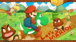  angry dinosaur english facial_hair flower goomba hat koopa_troopa mario mario_(series) mountain mustache nintendo overalls paratroopa smile super_mario_bros. yoshi 