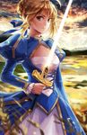  alice_jing artoria_pendragon_(all) blonde_hair dress fate/stay_night fate_(series) glowing glowing_sword glowing_weapon green_eyes juliet_sleeves long_sleeves puffy_sleeves ribbon saber solo sword weapon 
