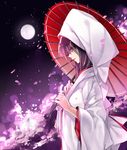  alternate_costume full_moon hood houraisan_kaguya hug_(yourhug) japanese_clothes kimono lipstick long_hair long_sleeves looking_at_viewer makeup moon night oriental_umbrella petals pink_lipstick purple_eyes purple_hair sash solo touhou umbrella wide_sleeves yukata 