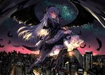  black_legwear boots cityscape cross dress feathers flower frills gothic_lolita hairband hikariz lolita_fashion long_hair long_sleeves red_eyes rose rozen_maiden silver_hair sky solo star_(sky) starry_sky suigintou wide_sleeves wings 