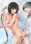  1boy 1girl amagami areolae ass ass_grab bath black_eyes black_hair blush breasts censored highres legs looking_back medium_breasts mixed_bathing nanasaki_ai nipples nude open_mouth penis rudoni sex short_hair shower smile standing steam sweat thighs vaginal water 