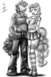  anthro anthrofied bdsm black_and_white blush bondage bound breasts cleavage clothed clothing cupcake dakuroihoshi duo equine erect_nipples female friendship_is_magic gag hair horse male mammal miniskirt monochrome my_little_pony nipples original_character pinkie_pie_(mlp) pony rope shoes skirt socks standing 