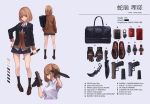  1girl absurdres bag bangs blazer blunt_bangs bow brown_eyes brown_hair cardigan cellphone character_name character_sheet english_text from_behind full_body gloves gun handgun highres holding holding_gun holding_weapon iphone_x jacket knife koh_(minagi_kou) looking_at_viewer magazine_(weapon) multiple_views open_blazer open_clothes open_jacket original phone pleated_skirt profile school_uniform shoes short_hair skirt smartphone solo standing watch weapon white_background wristwatch 