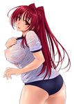  ass blush breasts buruma kousaka_tamaki large_breasts long_hair nipples ponytail red_eyes red_hair see-through sketch solo sweat to_heart_2 wet wet_clothes yamaguchi_homupe 