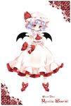  ascot bat_wings blue_hair brooch character_name cocozasa dress hand_on_hip hat hat_ribbon highres jewelry looking_at_viewer pink_dress puffy_sleeves red_eyes remilia_scarlet ribbon short_sleeves slit_pupils smile solo touhou wings wrist_cuffs 