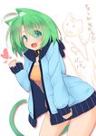  :d animal_ears bad_id bad_pixiv_id blush cat cat_ears cat_tail denpaken_pochi fang green_eyes green_hair heart highres open_mouth original sharon_(dodomayo) short_hair simple_background smile solo tail translation_request white_background 