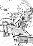  ahoge belt blood blood_splatter cable crossover dual_wielding greyscale holding hoshii_miki idolmaster idolmaster_(classic) kaisen_chuui long_hair long_sleeves monochrome pants shingeki_no_kyojin solo sword thigh_strap three-dimensional_maneuver_gear uniform very_long_hair weapon 