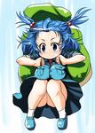  bad_id bad_pixiv_id bag blue_background blue_eyes blue_hair breast_squeeze breasts carrying falling full_body hair_bobbles hair_ornament hat kawashiro_nitori large_breasts namida_boshi pocket shoes short_hair short_twintails simple_background skirt sleeves_rolled_up smile sweat tears thighs touhou twintails two_side_up 