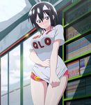  1girl black_hair blood_lad blue_eyes blush boxer_shorts boxers breasts covering covering_chest embarrassed highres large_breasts screencap shirt short_hair solo t-shirt triangular_headpiece underwear yanagi_fuyumi 