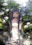  black_hair bush dress flower hatsune_miku headset hydrangea long_hair solo susu transparent transparent_umbrella twintails umbrella very_long_hair vocaloid water_drop white_dress yellow_eyes 