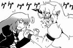  arm_wrestling bad_id bad_pixiv_id breasts cuffs gradient_hair greyscale hijiri_byakuren horn hoshiguma_yuugi leaning_forward long_hair long_sleeves medium_breasts monochrome multicolored_hair multiple_girls namida_boshi pointy_ears short_sleeves sweat tears teeth touhou trembling veins 