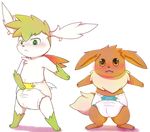  blush brown_eyes bulging cub diaper eevee green_eyes legendary_pok&#233;mon nintendo plain_background pok&#233;mon pok&eacute;mon ruugiaruu shaymin sky_form standing video_games white_background young 