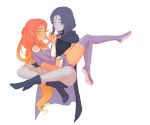  2girls alien blue_skin boots braid breasts cape dc_comics green_eyes grey_skin high_heel_boots high_heels multiple_girls orange_skin raven_(dc) red_hair starfire teen_titans thigh_boots thighhighs 