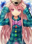  arms_up bow efe face_mask hata_no_kokoro light_smile long_hair long_sleeves looking_at_viewer mask pink_eyes pink_hair plaid plaid_shirt shirt solo touhou very_long_hair wide_sleeves 