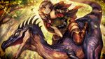 belt boots braid breasts brown_eyes cloak dinosaur dinosaur_riding dragon's_crown elf elf_(dragon's_crown) forest game_cg gloves hood hood_down long_hair nature official_art pointy_ears raptor riding shorts small_breasts solo thigh_boots thighhighs tunic twin_braids vanillaware 