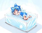  :3 barefoot blue_hair blue_skirt bow cirno closed_eyes hair_bow ice ice_block ice_wings lying on_side shinapuu skirt sleeping solo touhou wings 