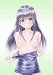  blush breasts brown_eyes collarbone emperor_zuou hair_ornament hairclip highres long_hair nipples one-piece_swimsuit original purple_hair school_swimsuit small_breasts smile solo swimsuit swimsuit_pull 